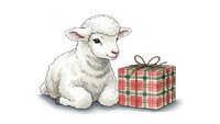 Cute white lamb sitting next to red plaid gift box on white background, isolated farm animal illustration for holiday greeting cards and seasonal designs.