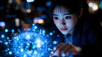 Young Asian woman interacting with glowing blue holographic interface in dark environment with bokeh lights, futuristic technology concept for business innovation.