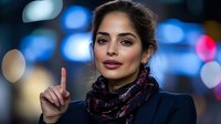 Young professional Middle Eastern businesswoman pointing upward with index finger against blurred city lights background at night, corporate success concept.
