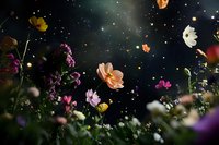 Magical garden at night with floating flowers against starry dark sky, glowing butterflies and ethereal light particles creating dreamy atmosphere.