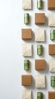 Eco-friendly packaging materials pattern with bamboo tubes, kraft boxes and recycled paper arranged on white background for sustainable business branding.