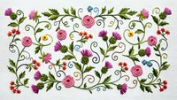 Elegant floral embroidery pattern with roses, leaves and decorative swirls on white background for textile design, crafts and traditional needlework projects.