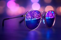 Stylish aviator sunglasses with purple and blue reflective lenses against vibrant bokeh lights background for fashion and eyewear concepts.