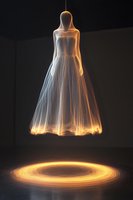 Glowing ethereal dress floating in darkness with luminous light ring beneath, creating mystical atmosphere. Artistic fashion installation with dramatic lighting effects.