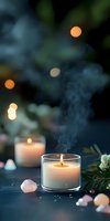 Aromatic candle with rising smoke creates mystical atmosphere against dark background with bokeh lights and healing crystals for spa and meditation setting.