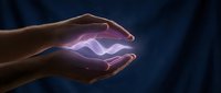 Hands protecting glowing purple energy wave symbolizing innovation, technology advancement, and digital transformation in business environment.