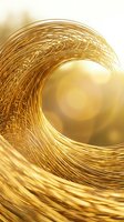 Golden metallic wave with flowing curved lines creating dynamic spiral motion on warm luminous background for luxury design projects.
