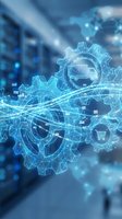 Digital supply chain automation concept with glowing gears, truck delivery icon and shopping cart symbols connected by network lines on blue technology background.