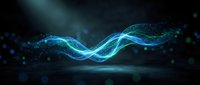 Abstract flowing wave of glowing blue and cyan particles with bokeh effects on dark background, suitable for technology, science, and digital design projects.