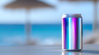 Holographic iridescent aluminum beverage can on beach background with turquoise ocean and umbrella silhouette, modern minimalist summer drink mockup.