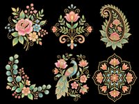 Ornamental floral designs with roses, peacock, and paisley motifs isolated on transparent background. Ready for t-shirt designs, clipart, stickers, sublimation, and print-on-demand products.