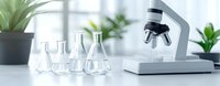 Modern laboratory microscope and empty glass flasks on white table with green plants in background, scientific research equipment in bright setting.