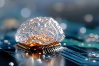 Crystal brain model on computer circuit board with microchips and electronic components, representing artificial intelligence and neural networks technology.