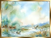 Watercolor landscape painting with ducks swimming in peaceful lake surrounded by mountains and marsh grass under soft cloudy sky for nature art projects.