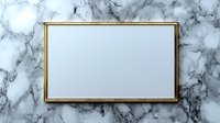 Elegant gold frame on luxurious marble background with copy space. Modern minimalist design element for branding, presentations and social media layouts.