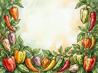Hot peppers and bell peppers frame a central space with watercolor foliage, ideal for food packaging, recipe cards, culinary blogs, and restaurant menus.