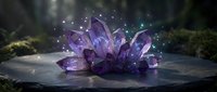 Magical purple crystal lotus flower glowing with sparkles on stone surface in mystical forest setting for fantasy and spiritual design projects.