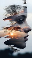 Double exposure profile silhouette blending with sunset landscape and bare trees, creating dreamlike visual metaphor for mindfulness and nature connection.