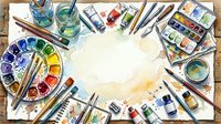 Watercolor artist workspace with paint palette, brushes, and supplies arranged around blank paper on wooden surface.