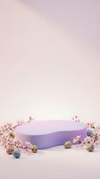 Purple oval podium with cherry blossom branches and decorative eggs on pink background for spring product display and Easter marketing campaigns.