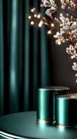 Elegant emerald green podiums with gold trim against dark background, illuminated by soft bokeh lights and delicate white flowers, creating luxury display setting.