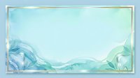 Watercolor liquid ink swirls in turquoise and mint tones with gold frame border on light background, isolated design element for invitations, cards, and branding projects.