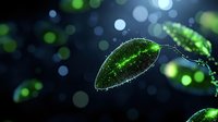 Glowing green leaf with water drops against dark background with bokeh lights creates magical natural atmosphere for environmental concepts.
