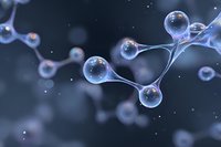 Glowing translucent molecular structure with spherical nodes connected by smooth curves floating in dark space, scientific visualization of neural network or synapses.