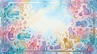 Watercolor frame with cute cats, paw prints, floral elements, and stars in soft pastel pink, blue, and purple tones, perfect for greeting cards.