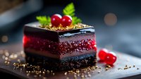 Layered chocolate and berry dessert cake with red currant garnish on dark background, decorated with gold crumbs and fresh mint leaves, macro food photography.