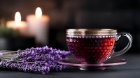Glass cup of aromatic herbal tea with fresh lavender flowers and glowing candles on dark background, creating peaceful spa atmosphere.