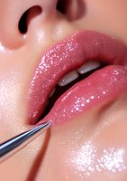 Close-up of glossy pink lips with sparkly lip gloss being applied using professional makeup brush, showing detailed texture and shine for beauty and cosmetic advertising.