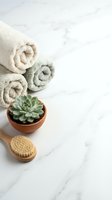 Spa wellness setup with rolled towels, succulent plant and wooden brush on white marble surface for relaxation and self-care routines.