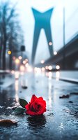 Single red rose lying on wet pavement with bridge silhouette and bokeh lights in misty evening atmosphere, creating romantic urban mood for Valentine's day designs.