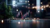 Stock market trading chart with candlestick graph displayed on digital screen above miniature city skyline with glowing lights and green plant, representing financial growth and urban investment opportunities.