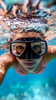 Young woman swimming underwater wearing diving mask in clear blue pool water with bubbles and sunlight rays for summer vacation activities.