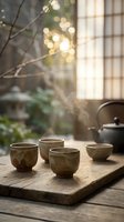 Traditional ceramic tea cups on wooden tray with cast iron teapot in serene Japanese-inspired interior setting with warm natural lighting and bokeh background.