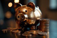 Golden piggy bank with stacked coins on dark background with bokeh lights, symbolizing savings, financial planning and money management concept.