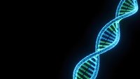 Glowing DNA double helix structure with blue and green neon lights on black background for genetic research and biotechnology concepts.