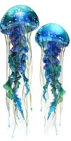 Luminous jellyfish in shades of blue and turquoise with flowing tentacles on white background, watercolor style artwork for ocean-themed designs and prints.