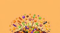 Colorful candy and sweets explosion with lollipops, wrapped candies, and chocolate pieces bursting upward against warm orange background. Perfect for confectionery, dessert, and food advertising projects.