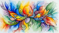Vibrant watercolor abstract explosion with flowing organic shapes, swirls and geometric elements in rainbow spectrum creating dynamic artistic composition.