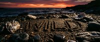 Word WILD written in sand on rocky ocean beach at dramatic red sunset, waves and colorful sky in background, nature concept.