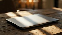 Laptop computer on wooden desk with warm sunlight streaming through window, creating natural shadows and ambient lighting for workspace and office concepts.