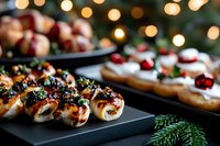 Festive holiday appetizers on black serving platters with bokeh lights background. Elegant catering spread features sushi rolls and cream-topped crostini garnished with cranberries.