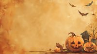 Spooky Halloween background with glowing jack o lanterns, flying bats and autumn leaves against orange misty backdrop, perfect for seasonal holiday designs and party invitations.