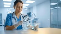 Female doctor examining medical documents with magnifying glass in modern hospital office wearing blue scrubs and stethoscope for healthcare analysis.