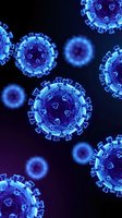 Blue coronavirus particles floating in dark space with glowing effects for medical research, healthcare education, pandemic awareness and scientific presentations.