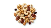 Mixed nuts and dried fruits collection with almonds, walnuts, pecans, pistachios and raisins isolated on white background for healthy snacking and cooking.