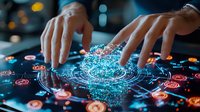 Hands interacting with glowing blue holographic brain interface surrounded by digital neural connections and orange data nodes on dark interactive surface.